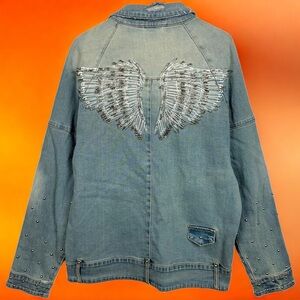 Lifted Anchors RARE Punk Grunge Safety Pin Wings Painted Denim Jean Jacket XL